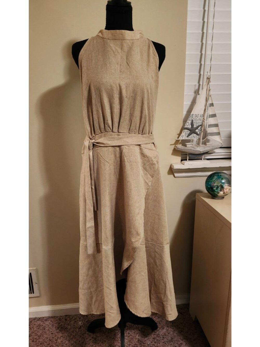 Halter High Neck Sleeveless Wrap Dress Luxury Resort Linen Look Chic 4XL Beige